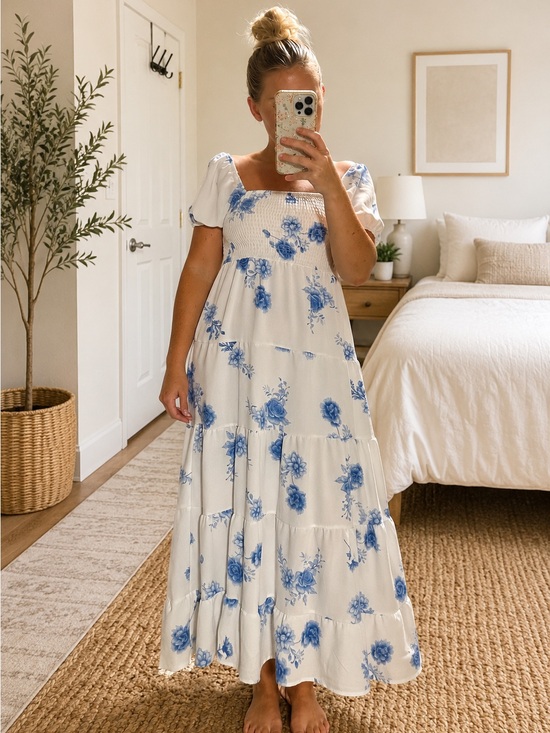 Streetwear Society Dresses & Skirts - Streetwear Society White Maxi Dress with Blue Floral Print